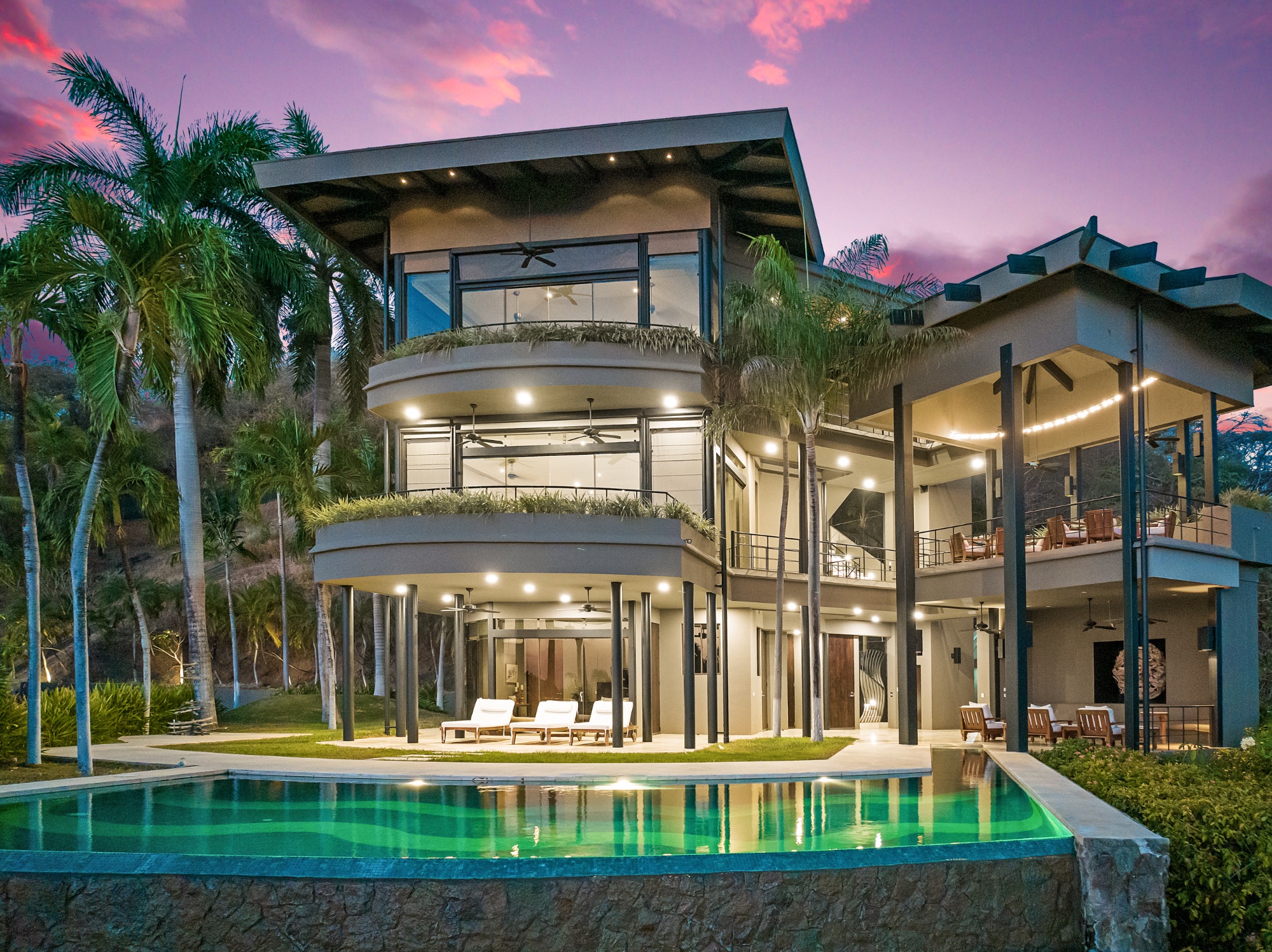 Estate exterior at sunset